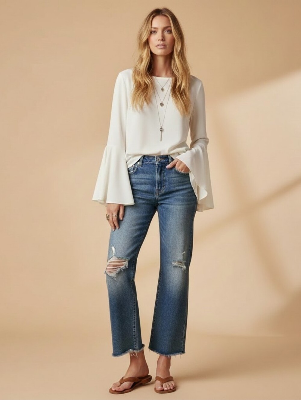 Zara Woman Boho Chic White Ruffle Bell Sleeve Flowy Top, XS, NWOT